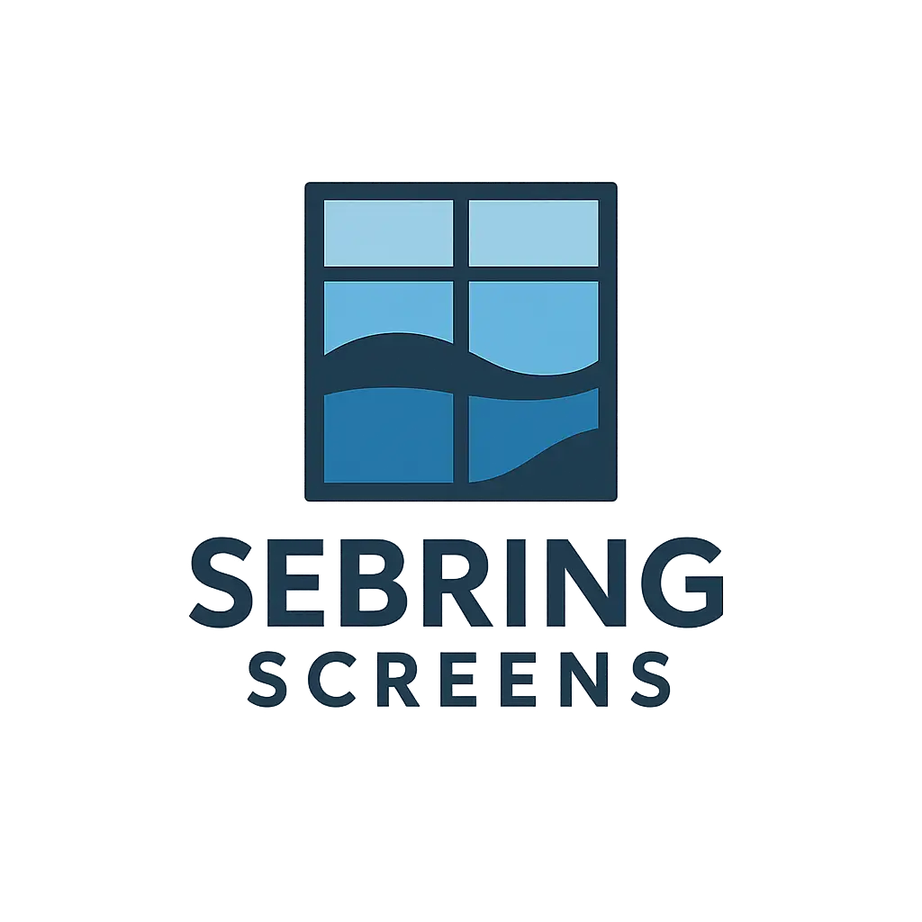 Sebring Screens company logo featuring a stylized blue window design with wave elements and bold text beneath it.