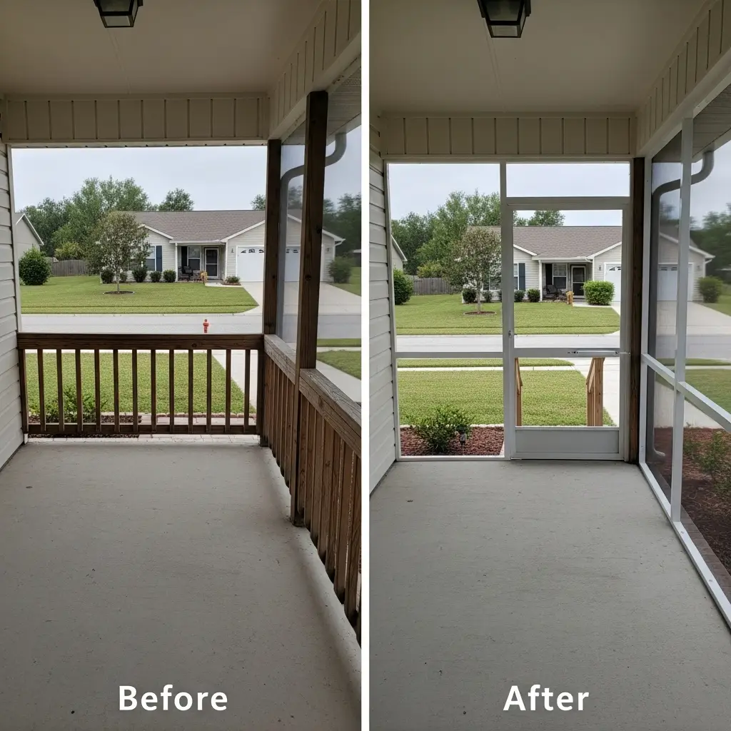 Before and after screen repair in Sebring, FL showing upgraded front porch enclosure with new mesh panels and aluminum framing.