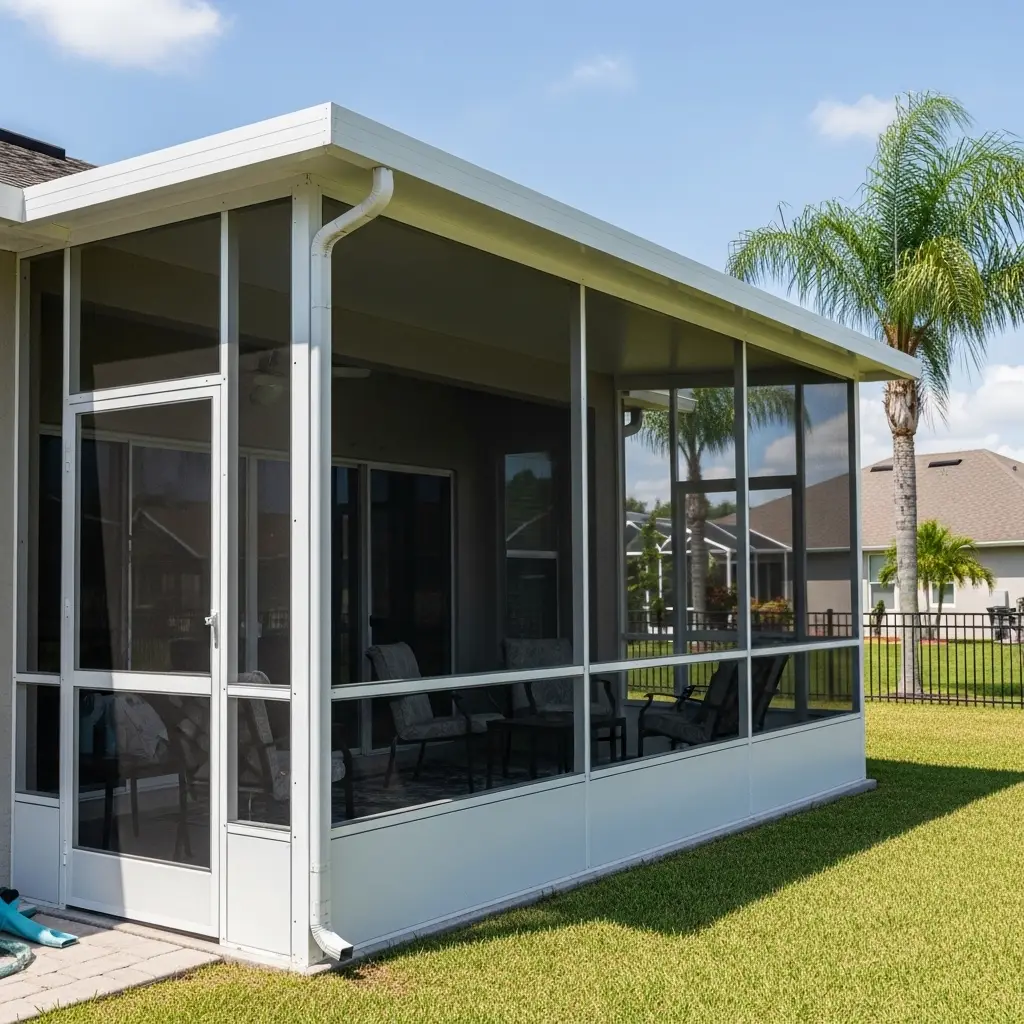 Custom lanai enclosure in Sebring, FL with white aluminum framing and screened walls providing shaded outdoor seating area.