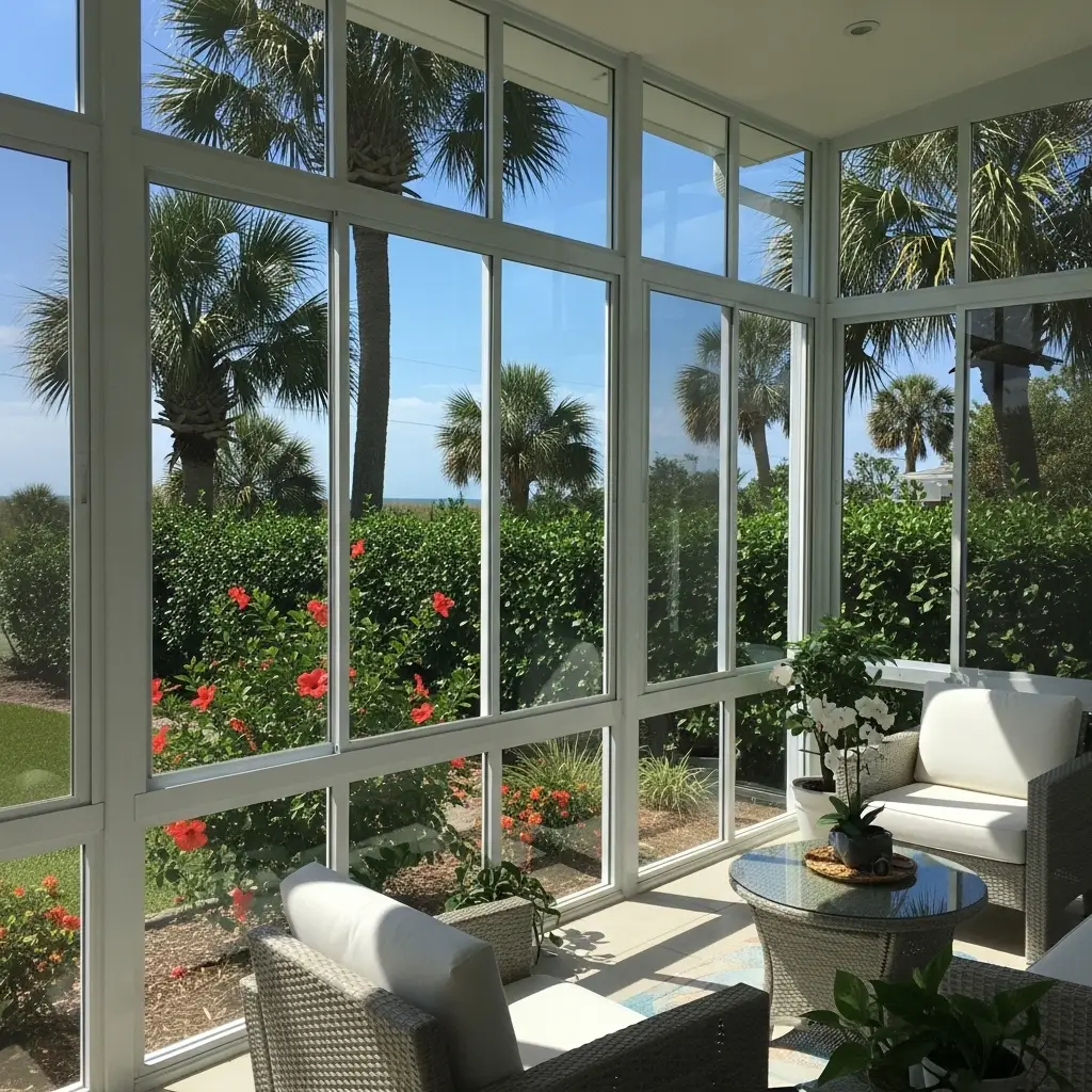 Lanai enclosure repair in Sebring, FL featuring clean white aluminum framing and clear screen panels overlooking palm trees and garden.