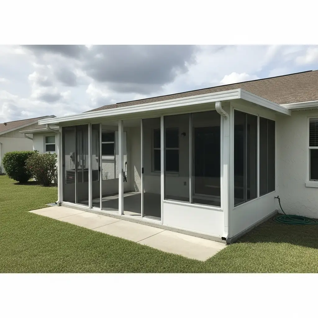 Lanai screen repair in Sebring, FL showing restored aluminum enclosure with fresh mesh panels on residential backyard.