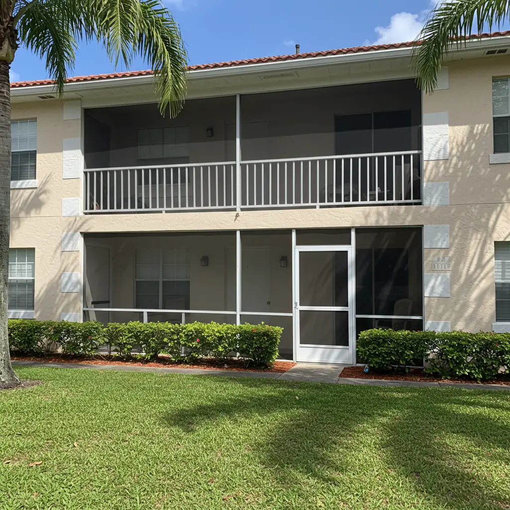 Ground-floor patio screen door repair in Sebring, FL apartment building featuring restored aluminum frame and clear screened panels.