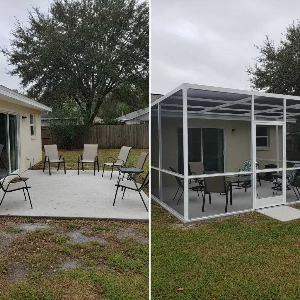 Before and after patio screen enclosure in Sebring, FL showing open concrete patio upgraded to enclosed seating area with aluminum frame.