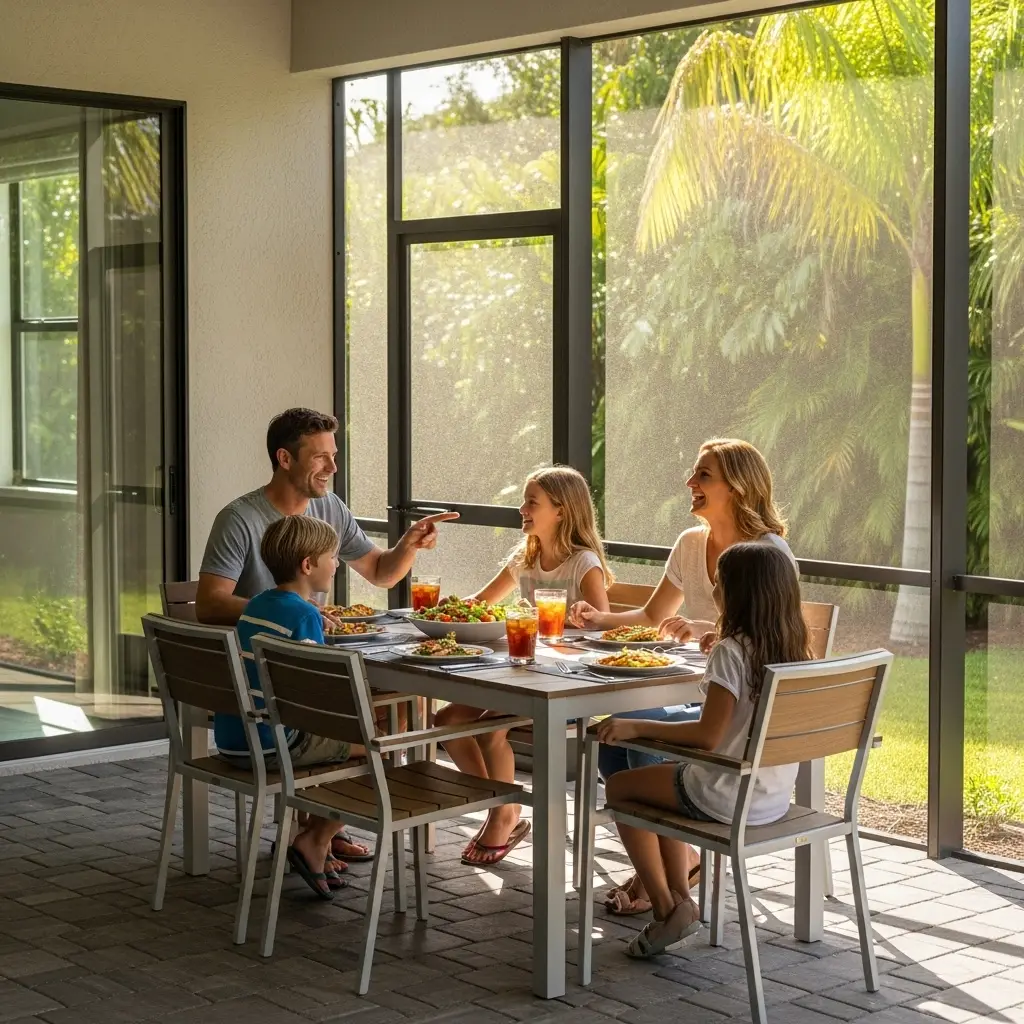 Family enjoying meal inside screened patio enclosure in Sebring, FL with natural sunlight and outdoor garden view through mesh panels.