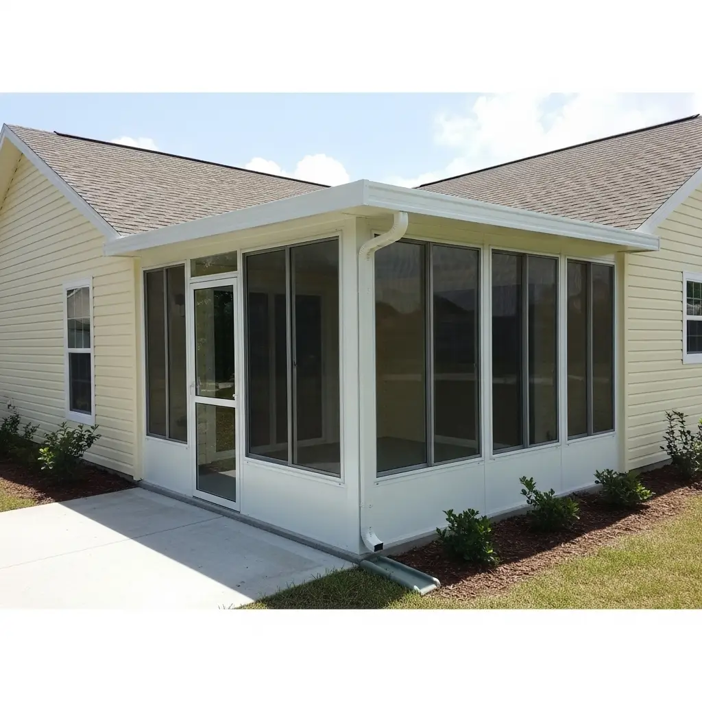 Front view of newly built patio screen enclosure in Sebring, FL featuring white aluminum framing attached to yellow residential home.