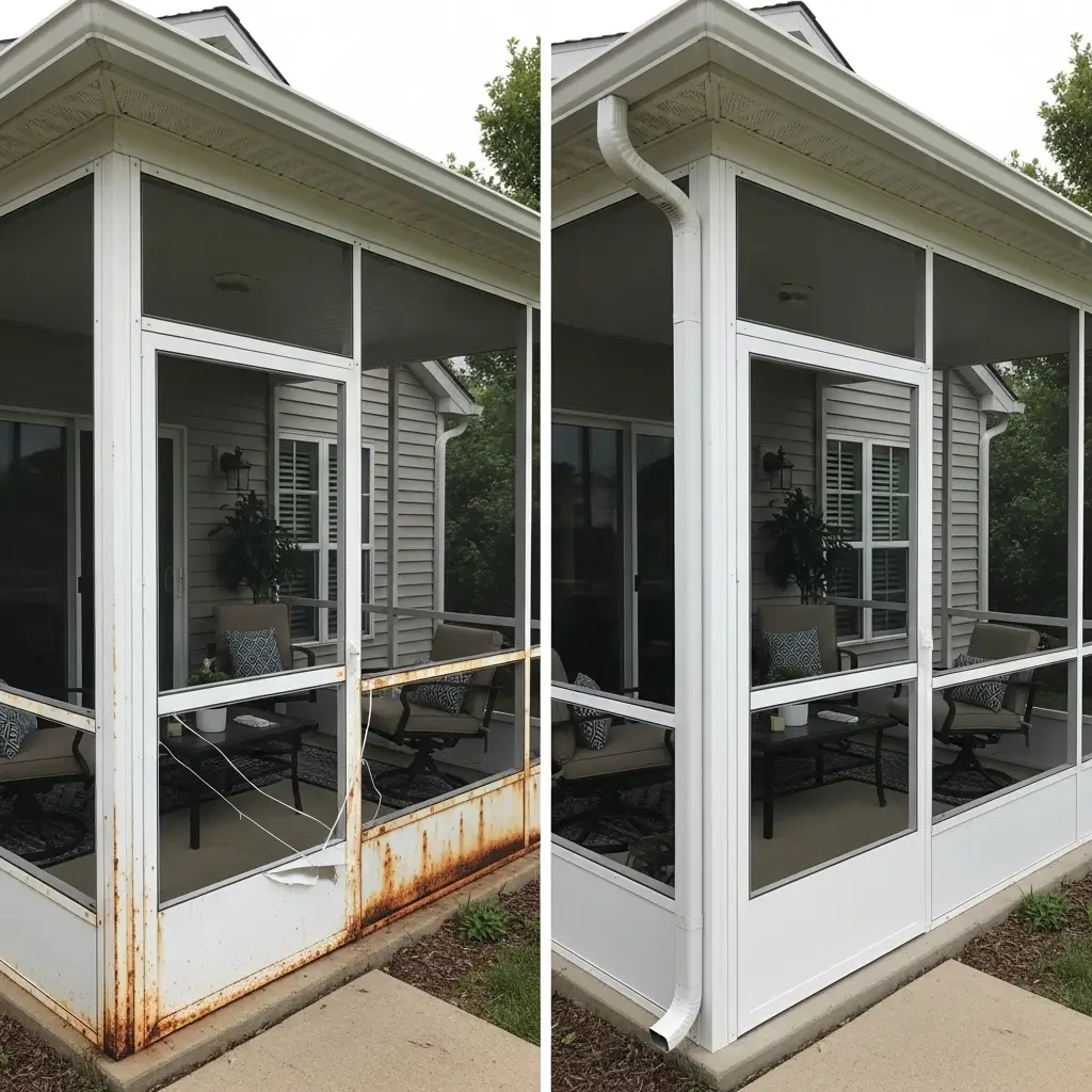 Before and after patio screen replacement in Sebring, FL showing rusted aluminum frame restored and new clean white screened panels installed.