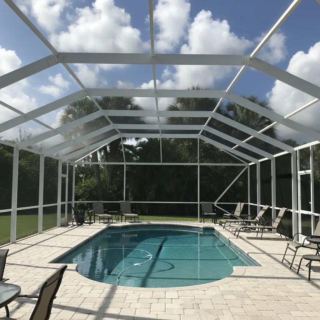 Newly installed pool cage in Sebring, FL featuring white aluminum frame enclosure over backyard swimming pool with paver deck.