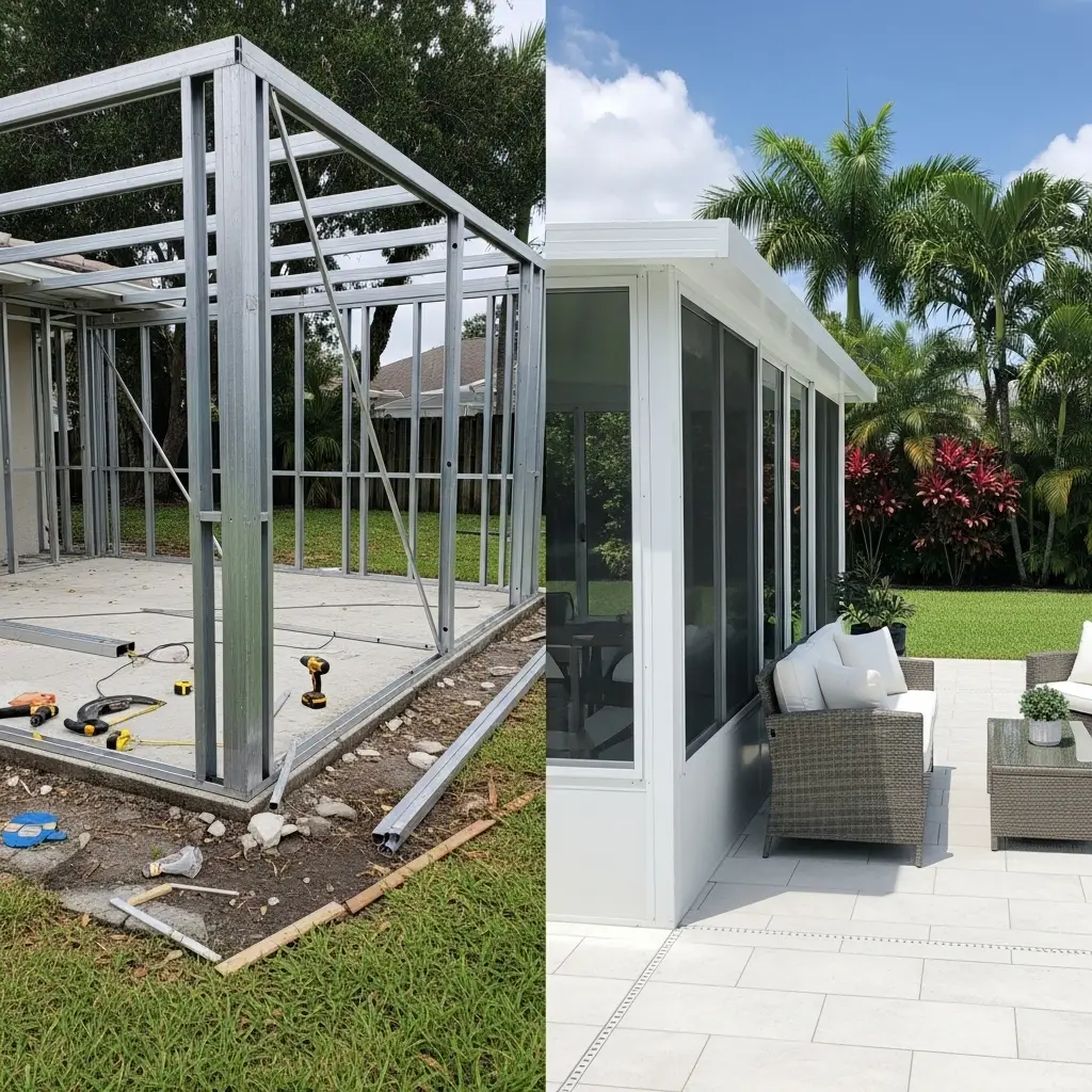 Before and after rescreening in Sebring, FL showing aluminum frame rebuild transformed into modern enclosed patio with outdoor seating.