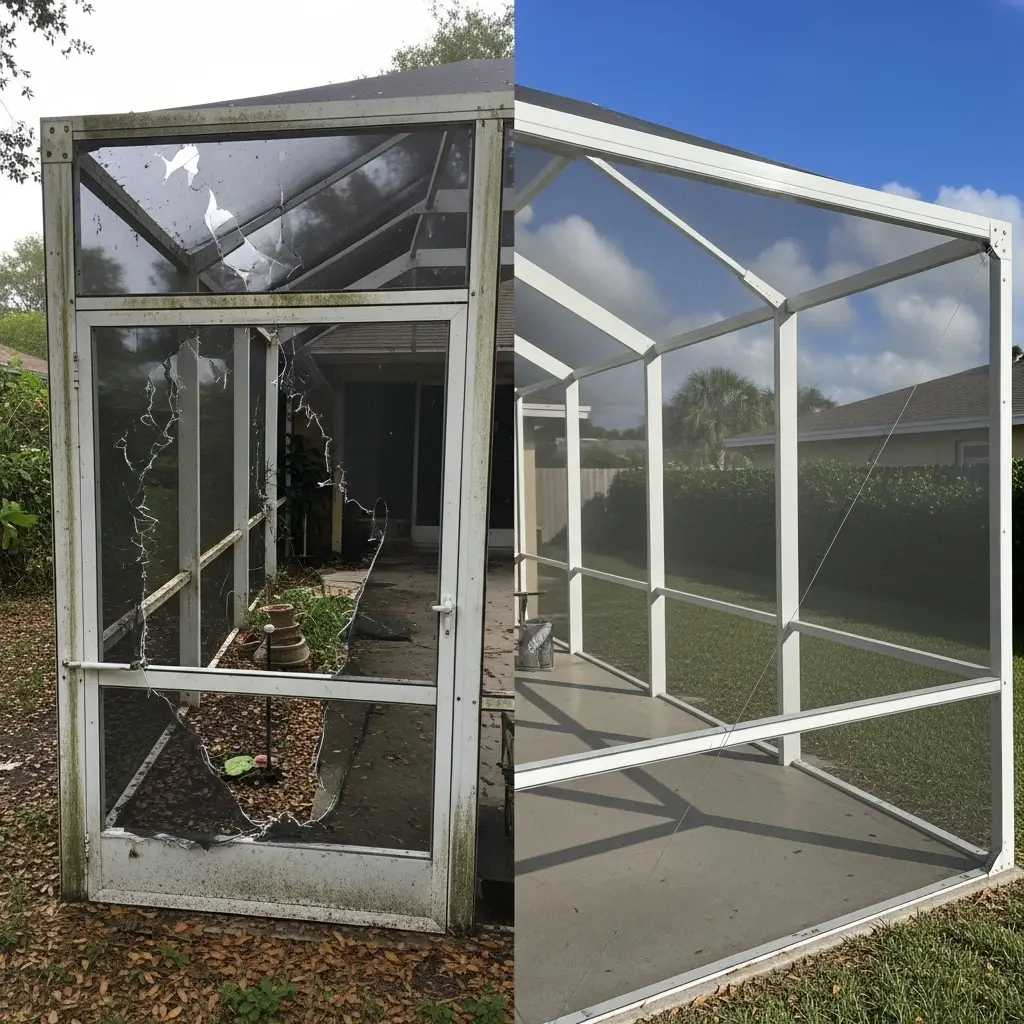 Before and after pool cage screen repair in Sebring, FL showing torn panels replaced with new clean mesh on aluminum frame.