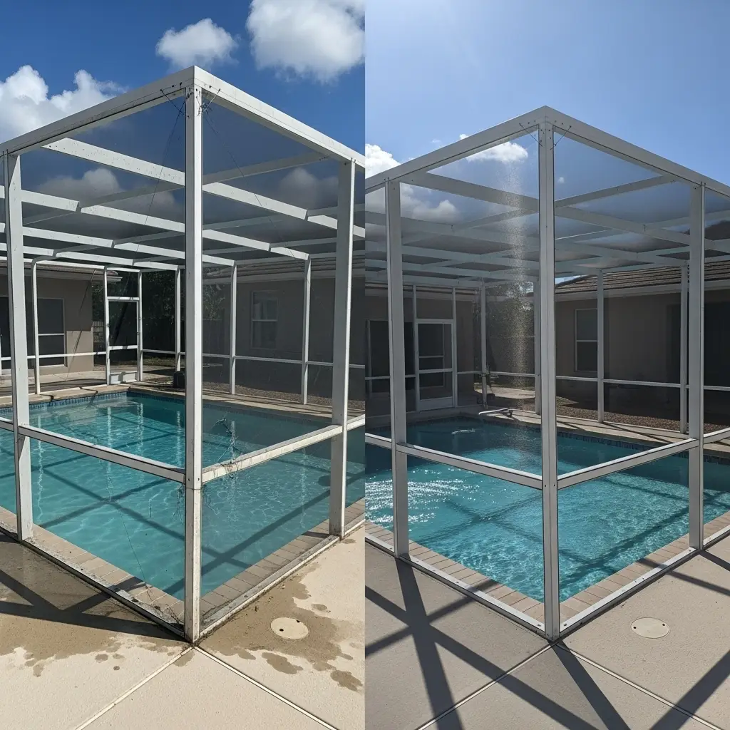 Before and after pool enclosure repair in Sebring, FL showing restored aluminum frame and newly replaced screen panels around backyard pool.