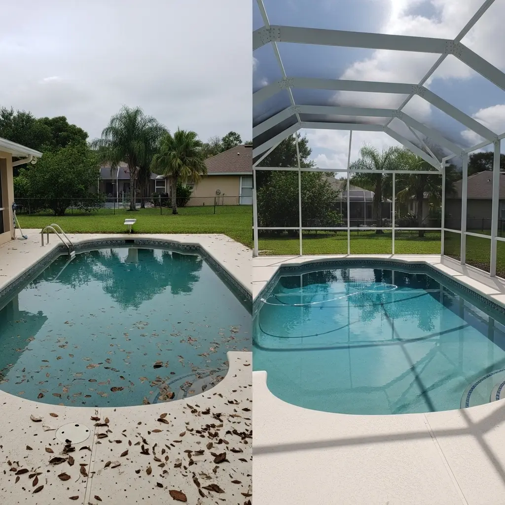 Before and after pool enclosure installation in Sebring, FL showing uncovered pool transformed with new screened structure keeping debris out.