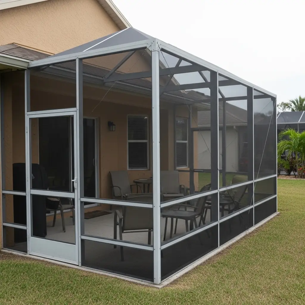 Residential screen enclosure in Sebring, FL featuring aluminum frame structure and enclosed patio area with outdoor seating.