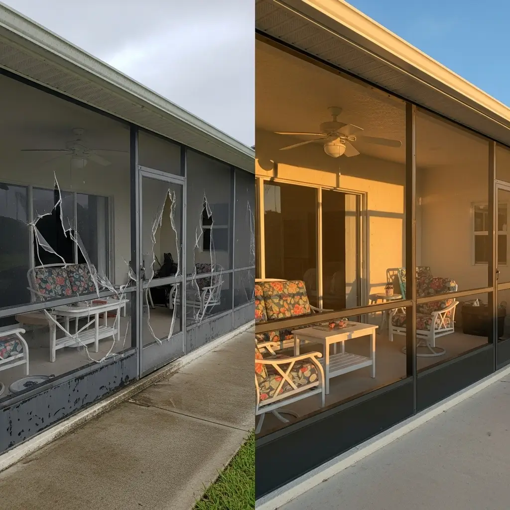 Before and after porch screen repair in Sebring, FL showing torn mesh replaced with new durable screens on patio enclosure.