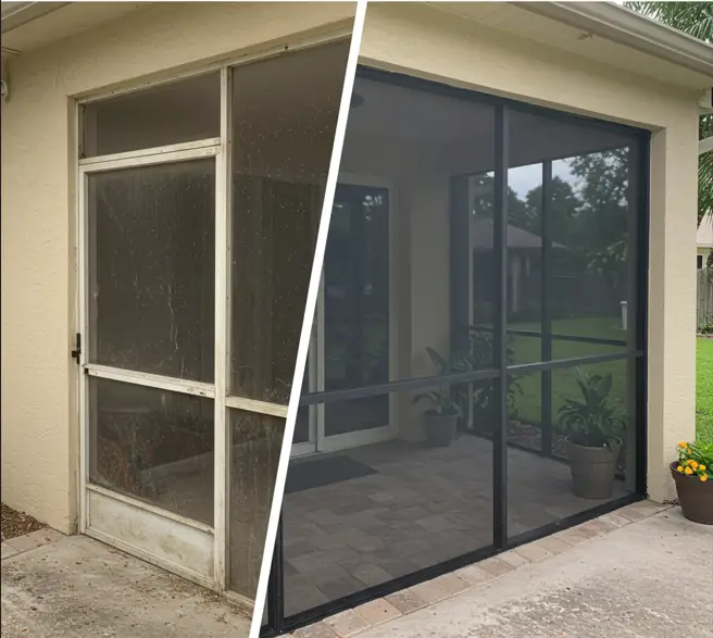 Before and after screen door repair in Sebring, FL showing upgraded aluminum frame and new mesh for clearer patio entryway.
