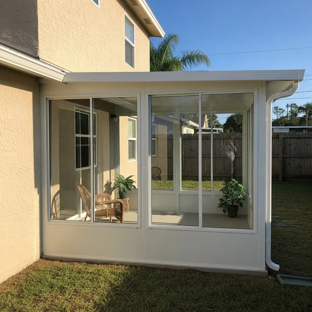 Newly installed residential screen enclosure in Sebring, FL featuring white aluminum framing and sliding glass doors connecting to backyard.