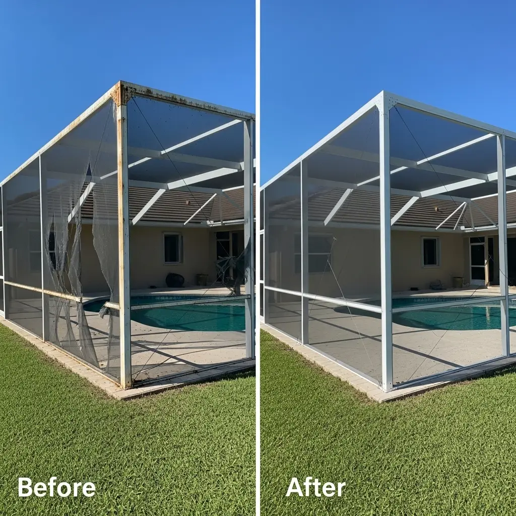 Before and after pool screen replacement in Sebring, FL showing repaired and freshly painted aluminum enclosure with clear panels.