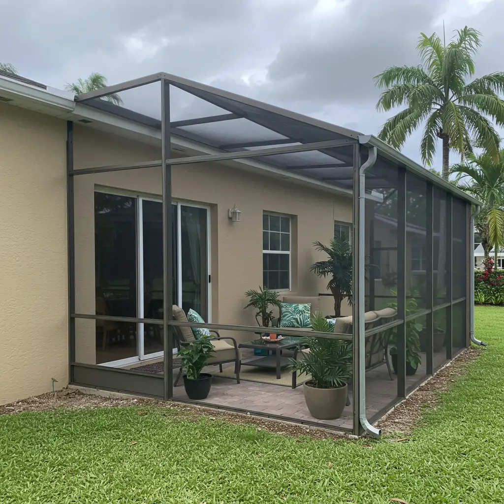 Screened patio replacement in Sebring, FL showing updated aluminum frame enclosure with seating area and tropical landscaping.