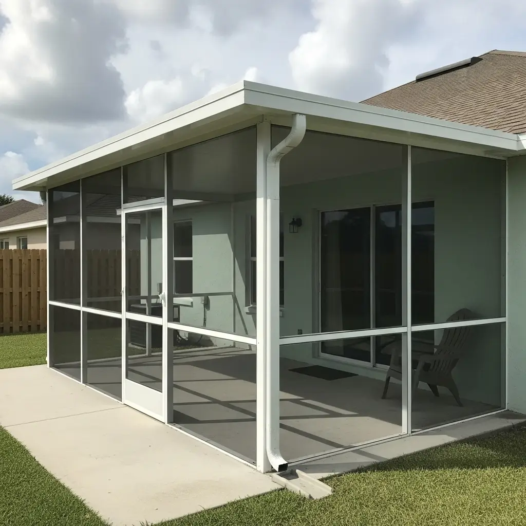 Newly built screened porch in Sebring, FL featuring white aluminum framing, patio seating, and concrete flooring.