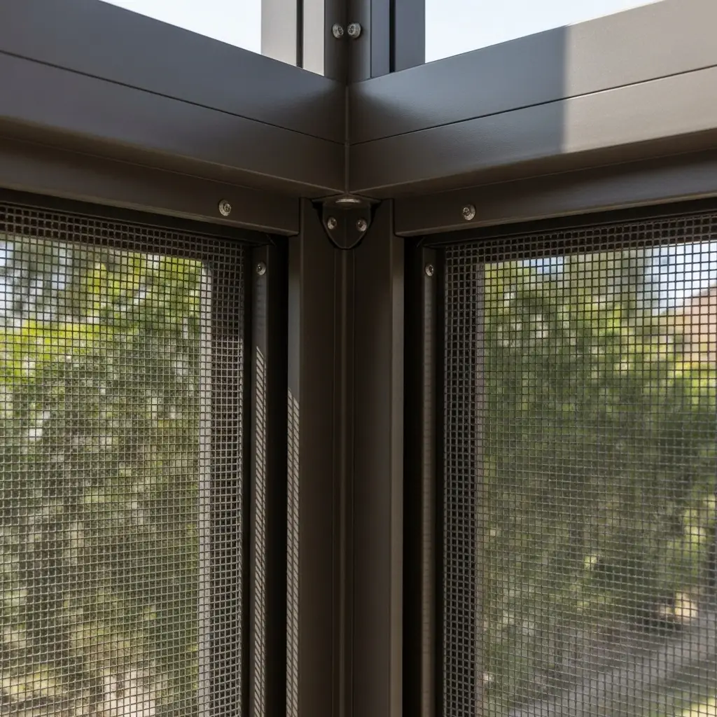 Close-up view of screened porch repair in Sebring, FL showing detailed aluminum frame corner and tightly fitted mesh screen.