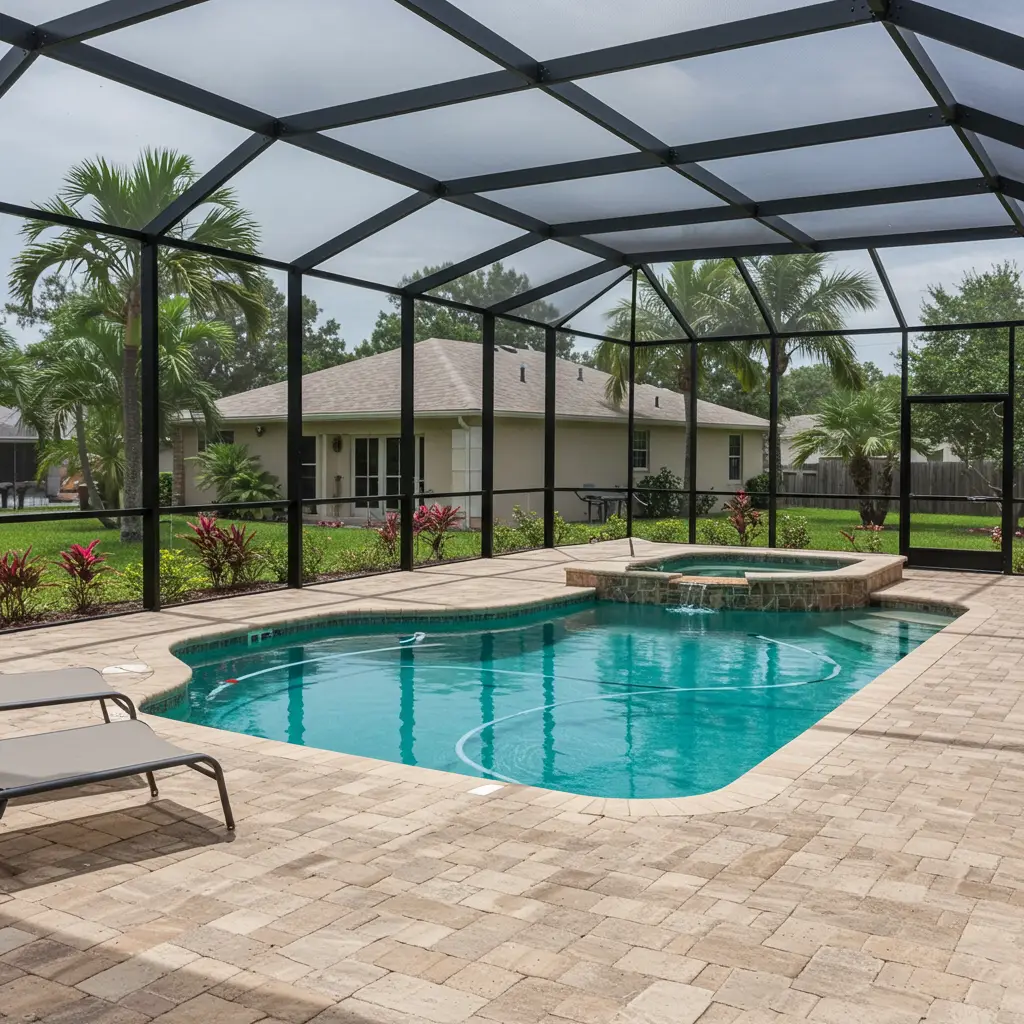 Residential pool screen enclosure in Sebring, FL with hot tub and paver patio surrounded by palm trees.